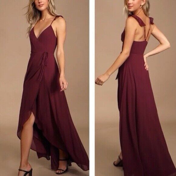 Lulu's Dress Here's to Us Burgundy‎ High-Low Wrap Dress Size X-Small - Picture 3 of 6